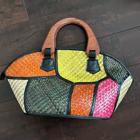Vintage Style Woven Straw Patchwork Faux Leather Wooden Bag - Picture 1 of 12